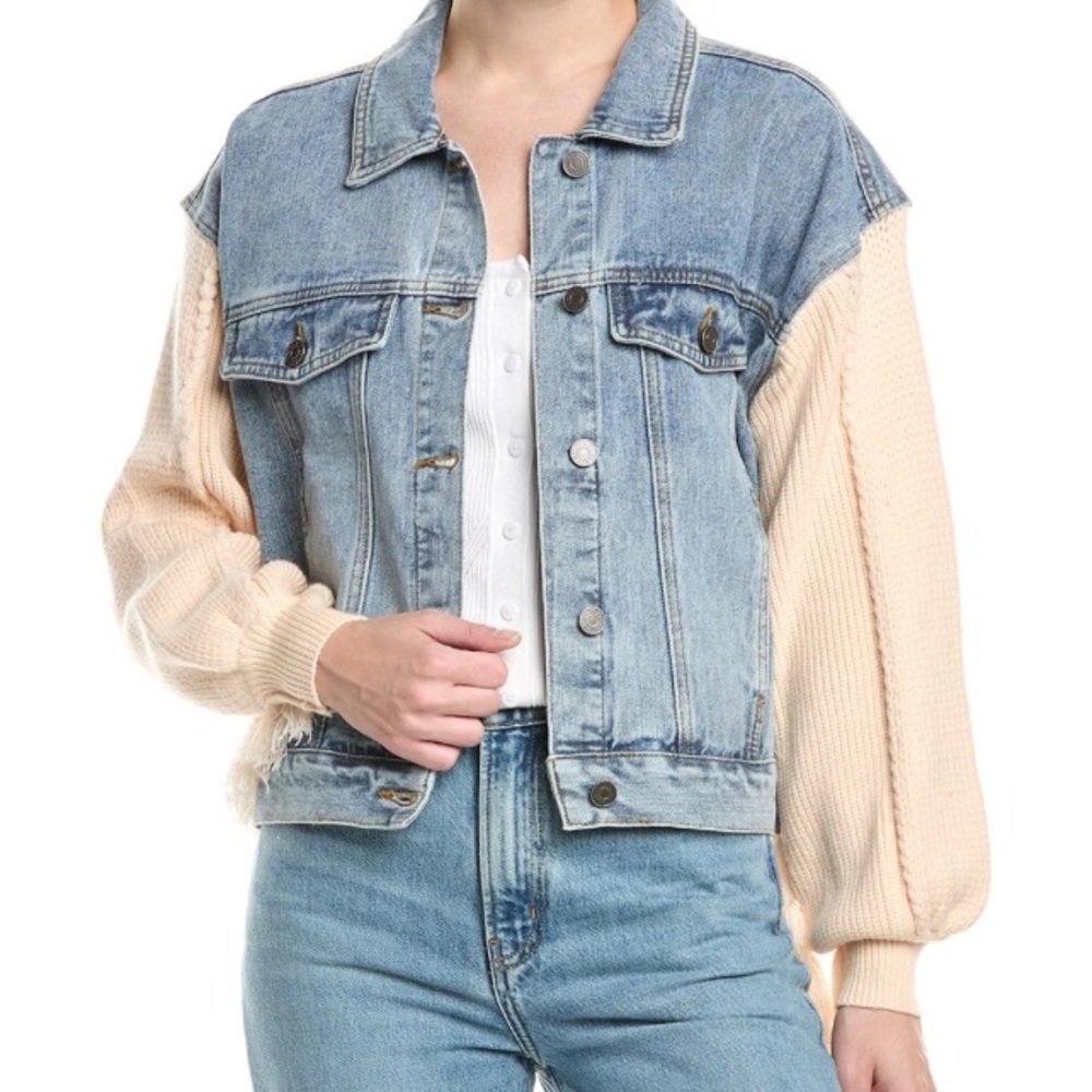 Saltwater Luxe Stonewash Denim Jacket w/ Cream Knit Sleeves & Fringe Trim/Small